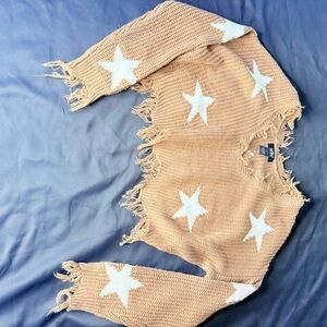 Tan Star Patterned Fringed Sweater